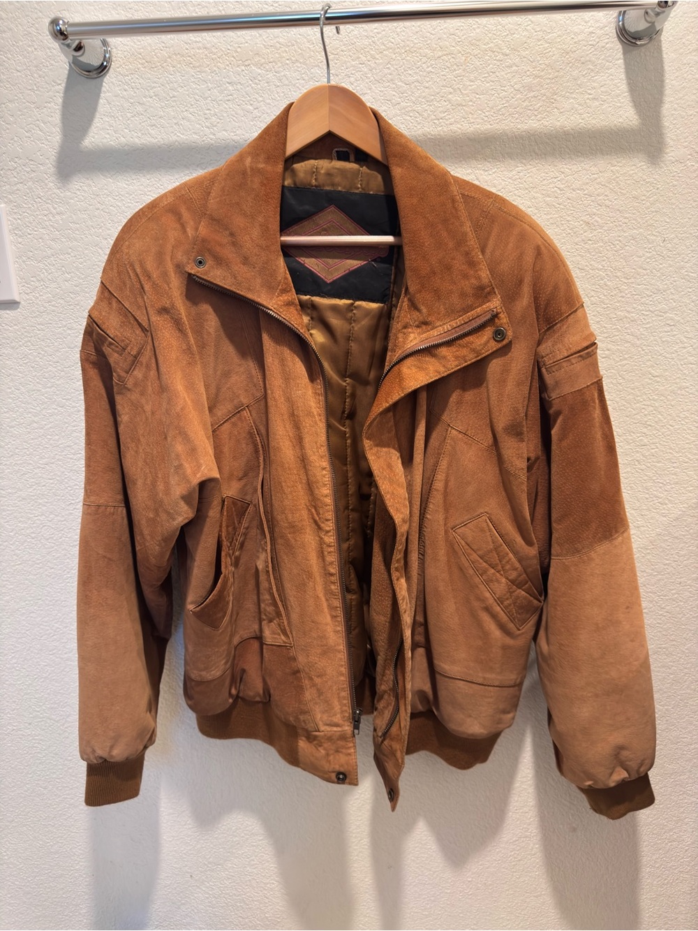 Men's Suede Bomber Jacket - Cognac Brown